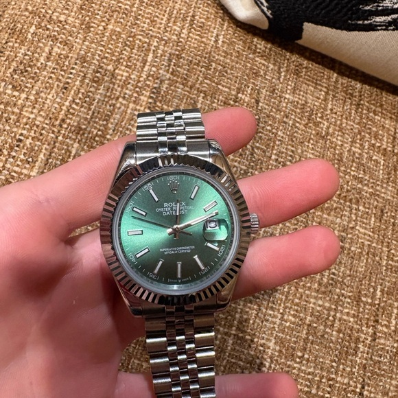 Rolex Silver Watch with Green Dial - Picture 2 of 5